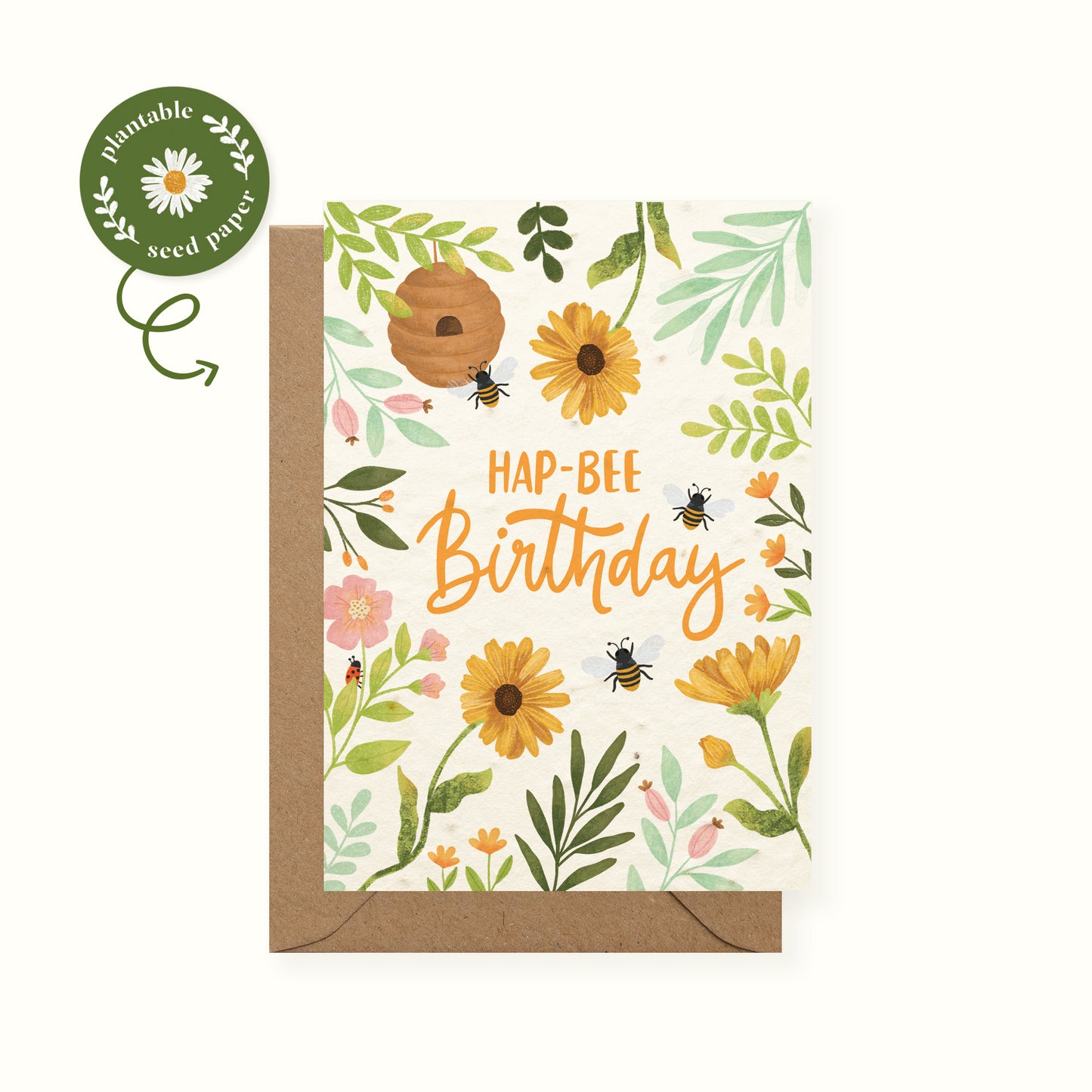 Plantable birthday card with Bees, wildflowers and kraft envelope