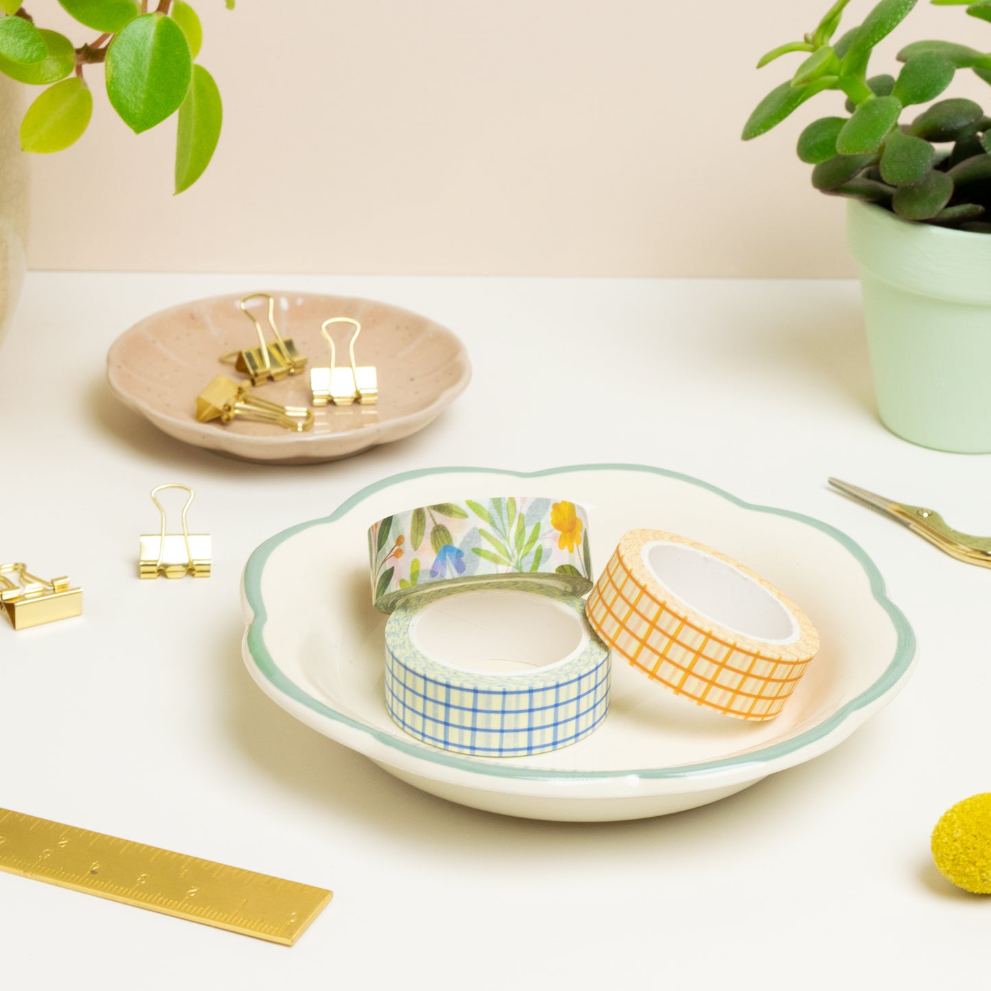 Gingham washi tape in a floral trinket dish