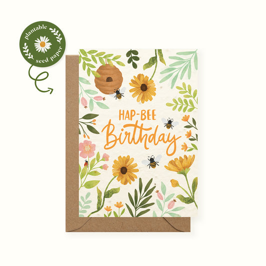 Plantable birthday card with Bees, wildflowers and kraft envelope