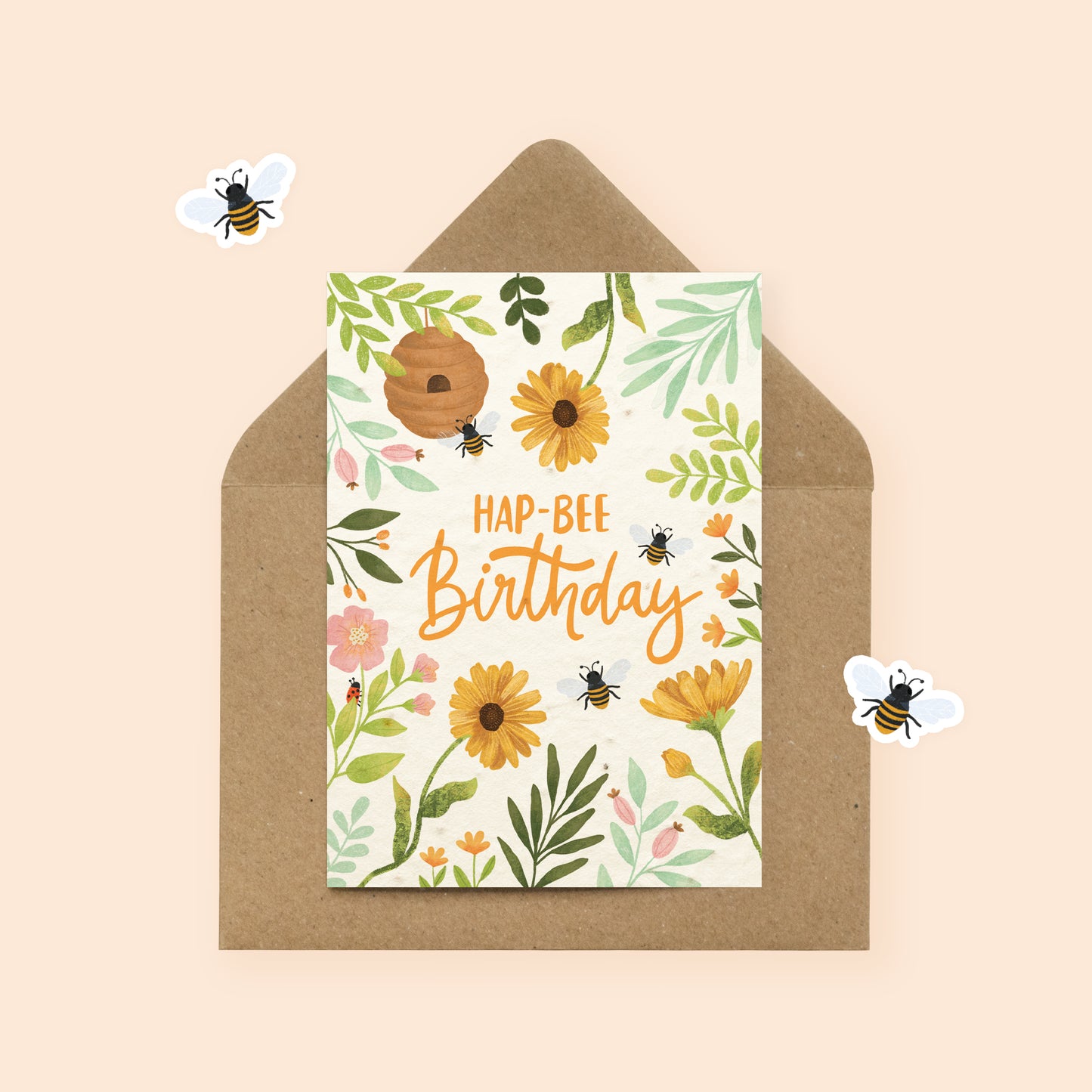 Plantable birthday card with Bees, wildflowers and kraft envelope