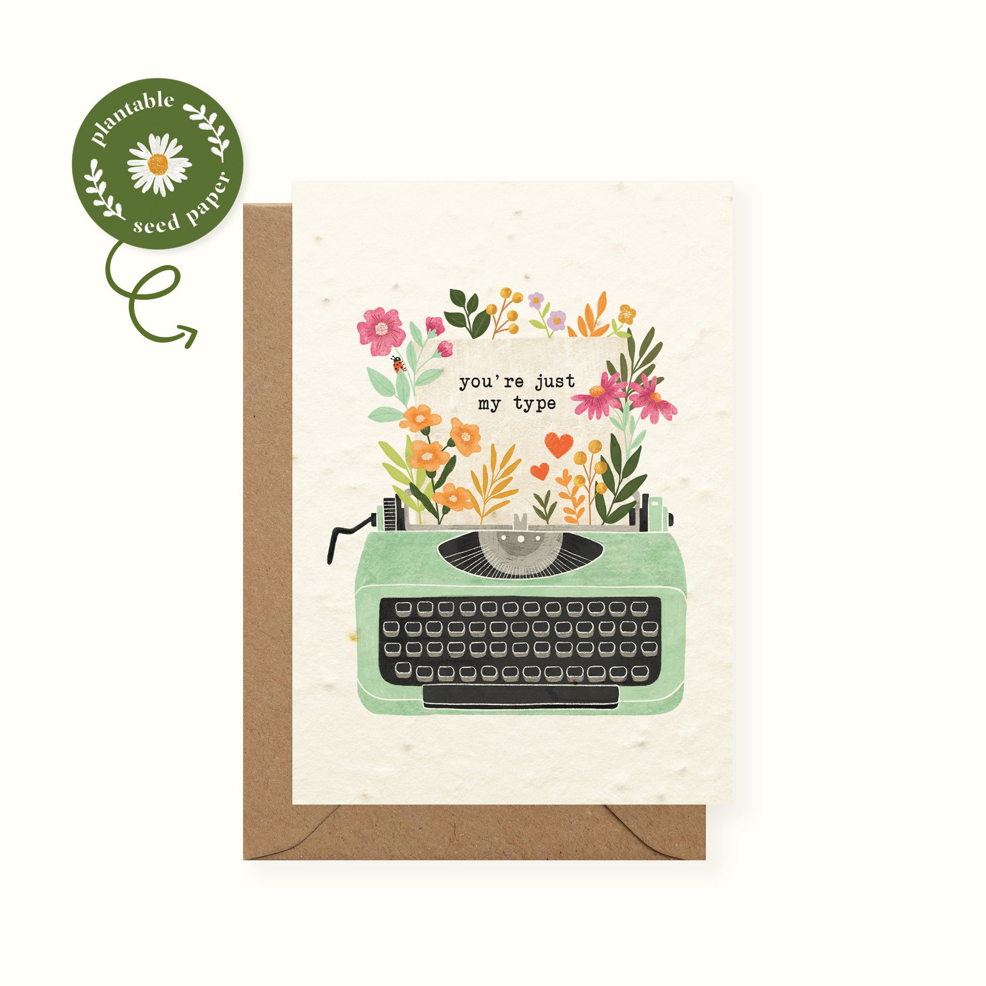Plantable typewriter valentine's day card with wildflowers