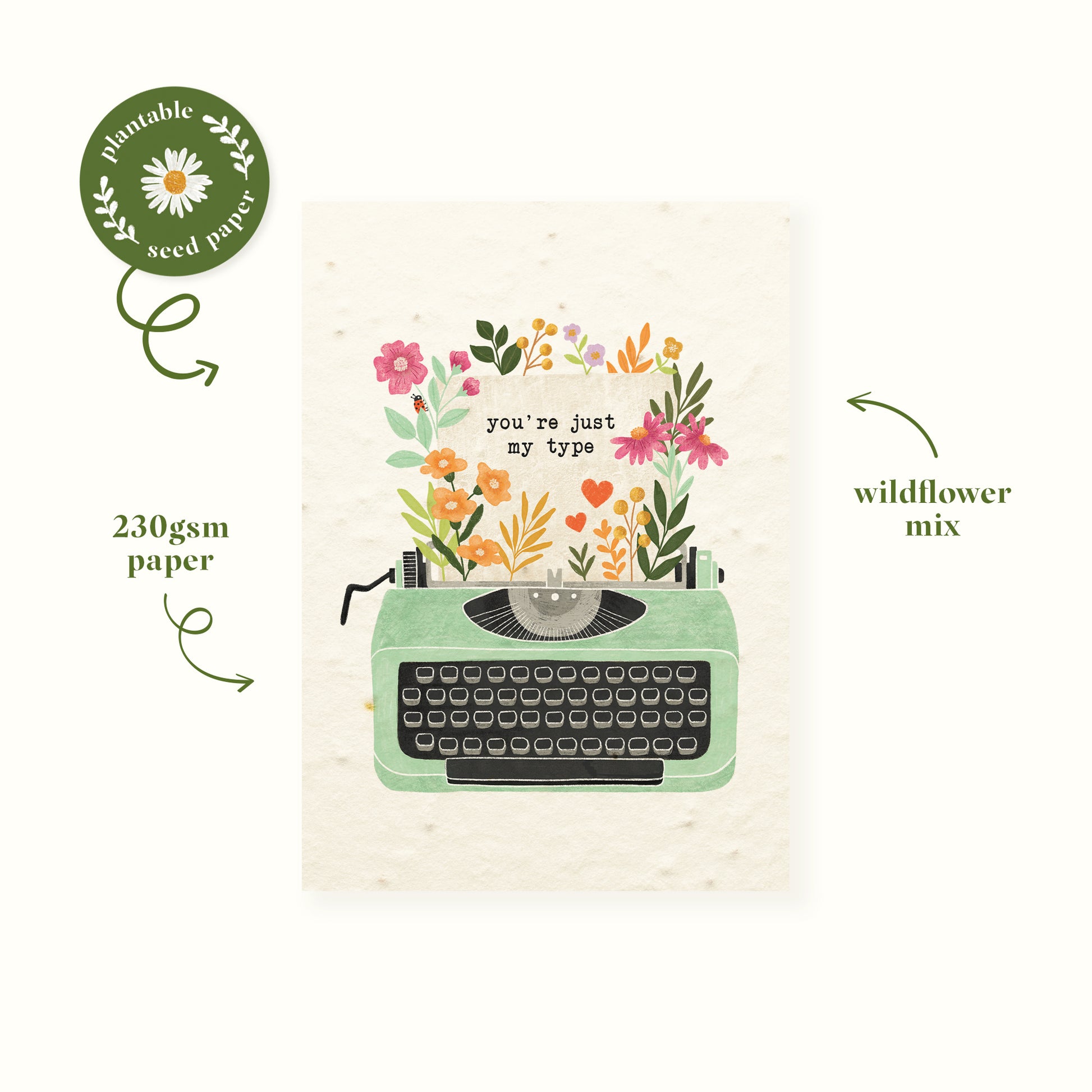 Eco-friendly Plantable typewriter valentine's day card with wildflowers