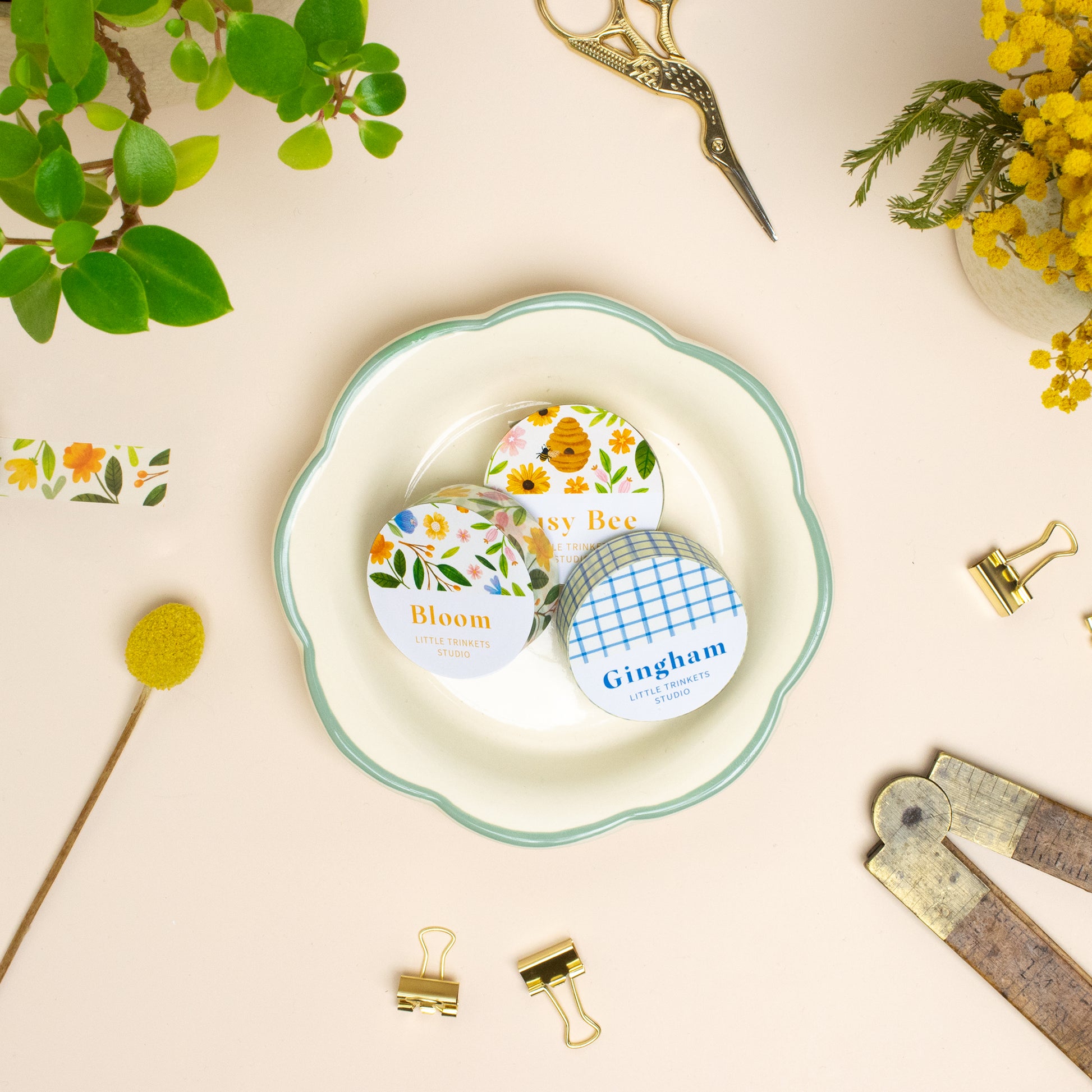 Bee washi tapes in a floral trinket bowl