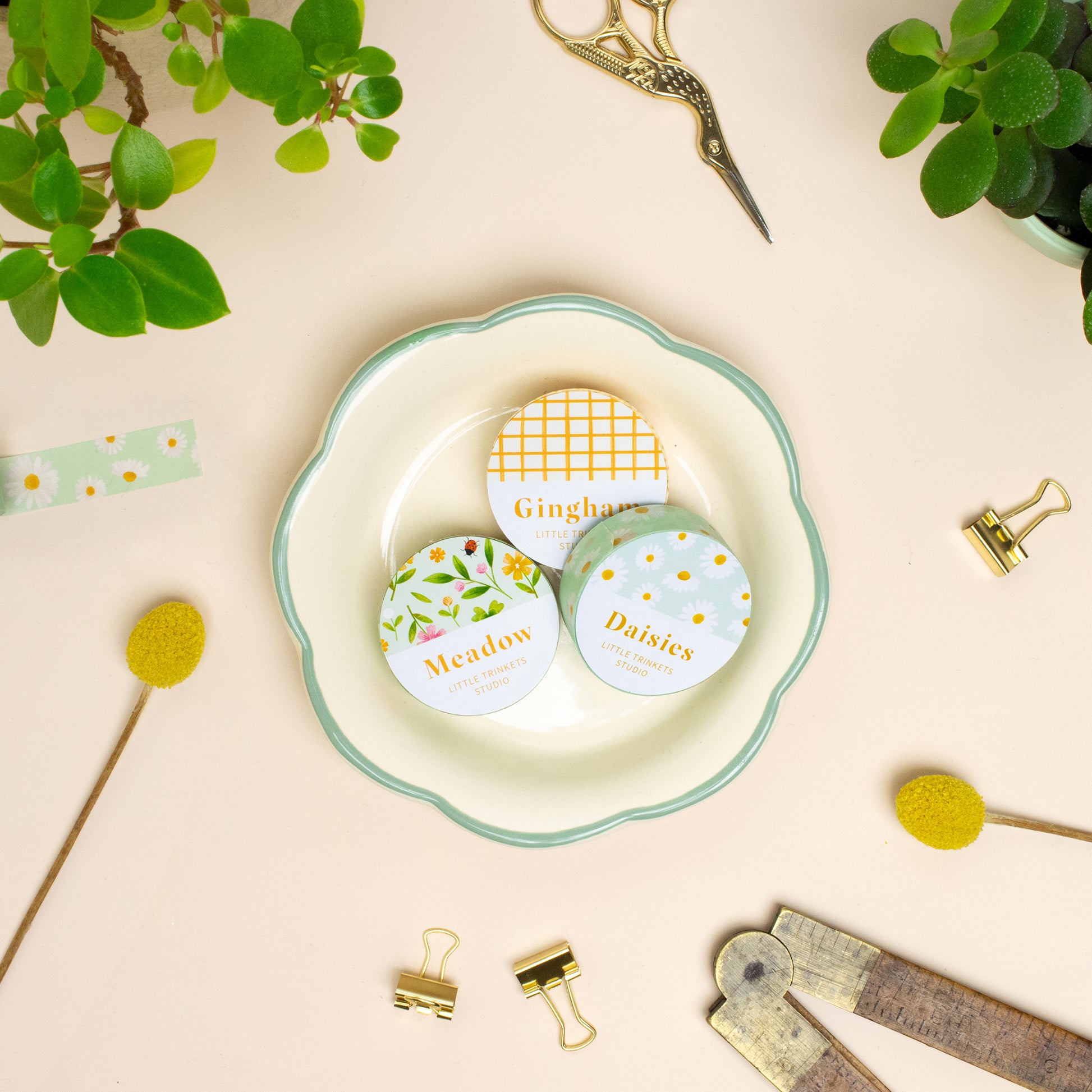 Daisy washi tape in a floral trinket dish